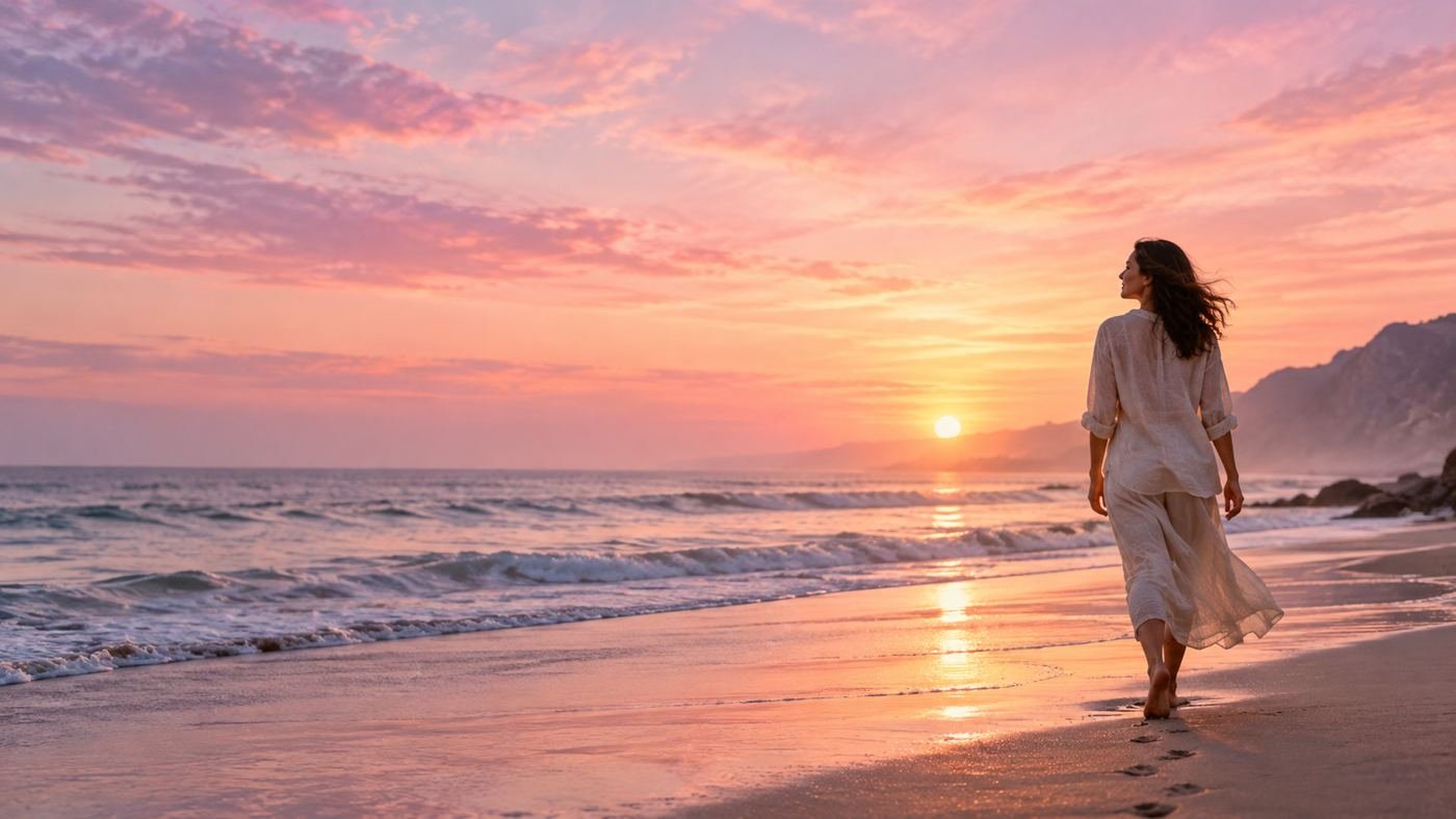 Persona caminando junto al mar al amanecer